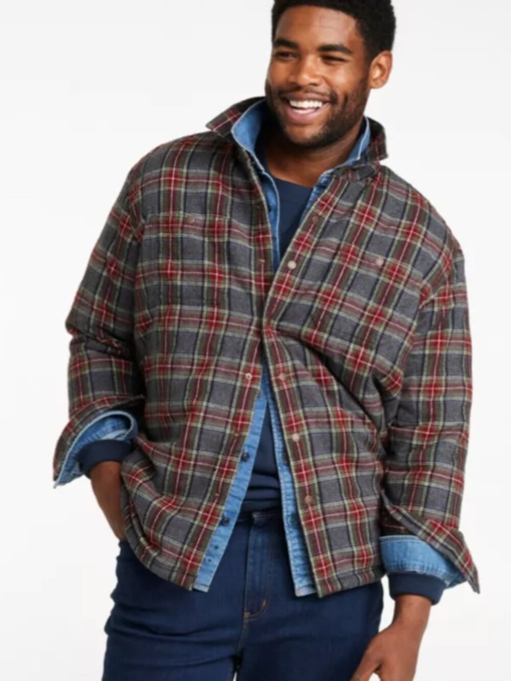 L.L.Bean Men's Sherpa-Lined Scotch Plaid Shirt, Slightly Fitted in Grey Stewart